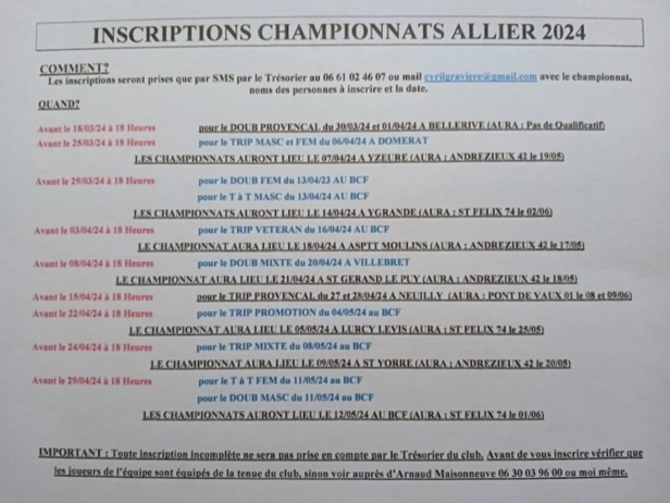 Préparation aux inscriptions des championnats d'Allier 2024 Préparation aux inscriptions des championnats d'Allier 2024