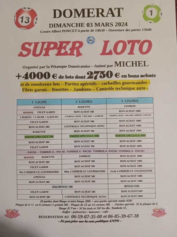 Loto du Dimanche 03 Mars à Domérat Loto du Dimanche 03 Mars à Domérat