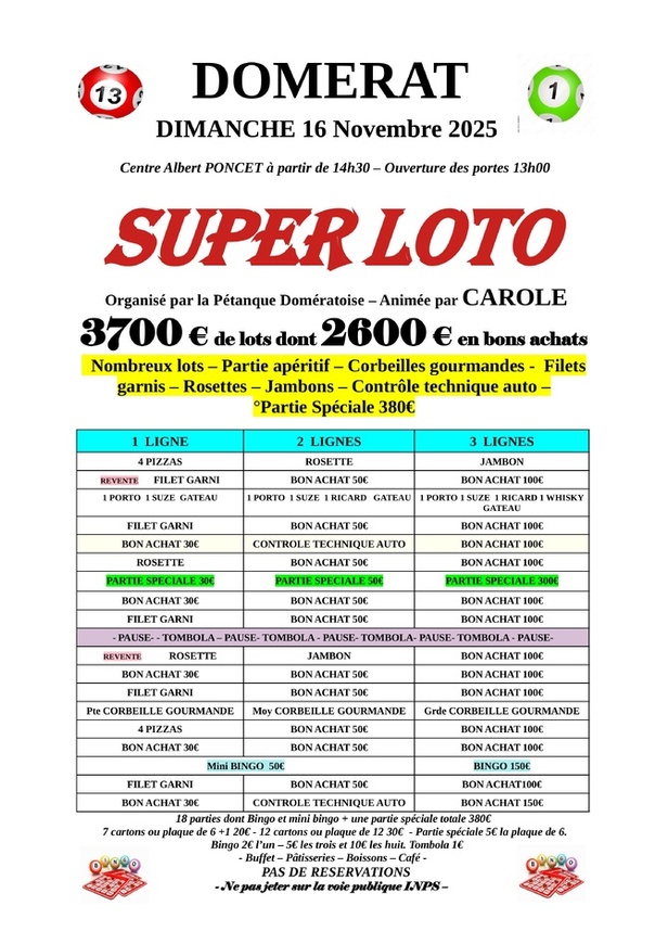 Loto du Dimanche 16 novembre Loto du Dimanche 16 novembre