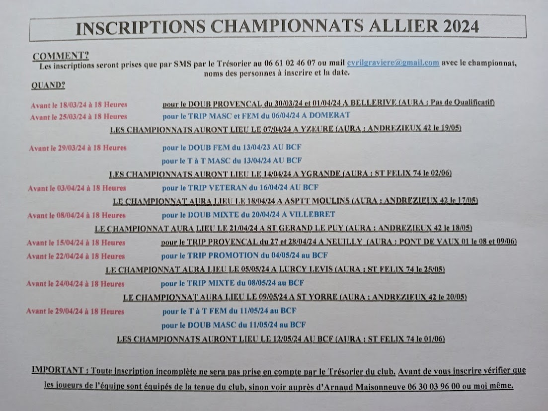Préparation aux inscriptions des championnats d'Allier 2024