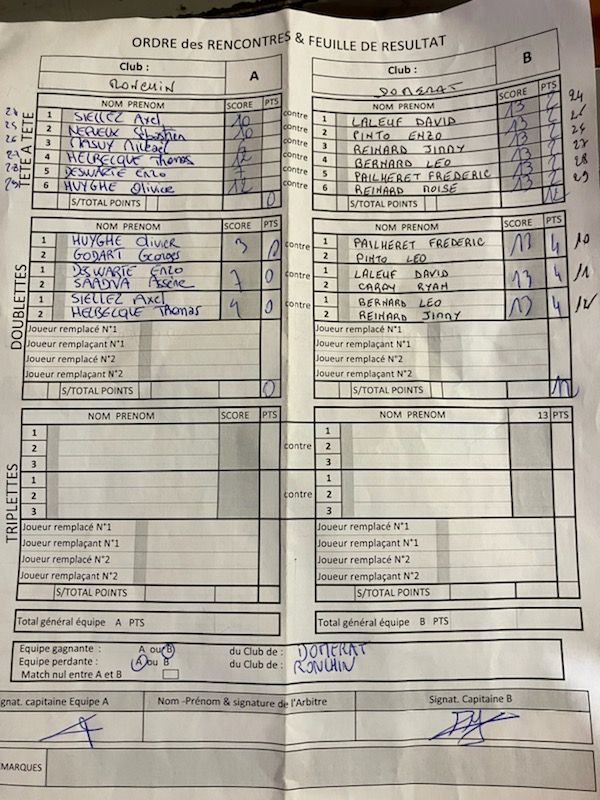 Feuille de match contre Ronchin Feuille de match contre Ronchin