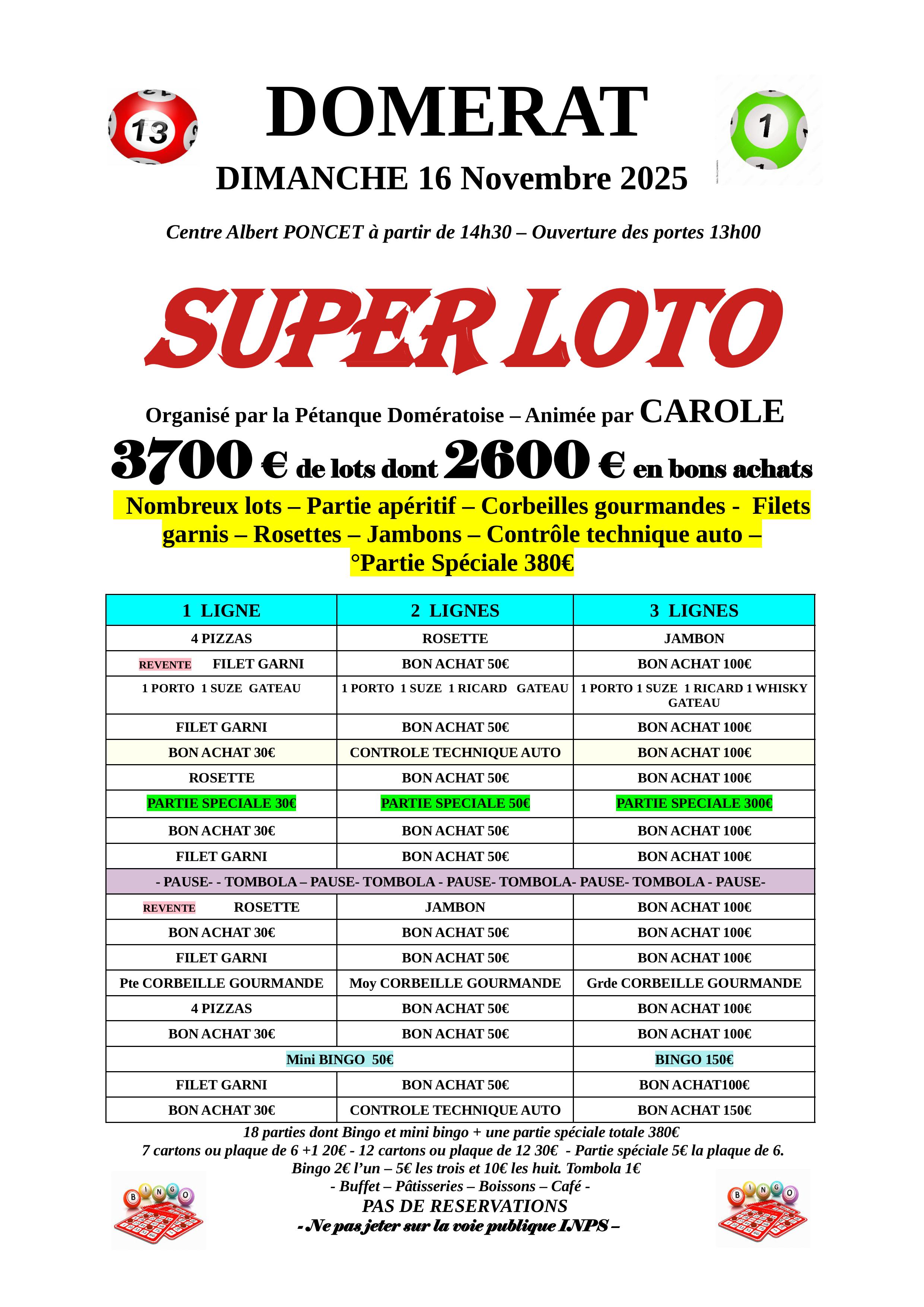 Loto du Dimanche 16 novembre Loto du Dimanche 16 novembre