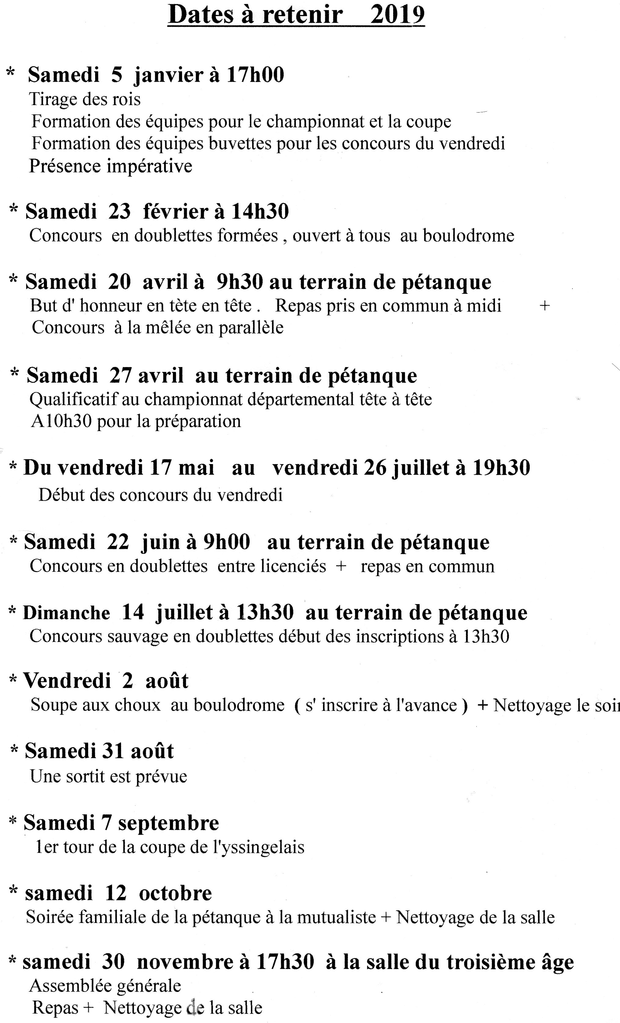 Dates à retenir pour 2019 Dates à retenir pour 2019