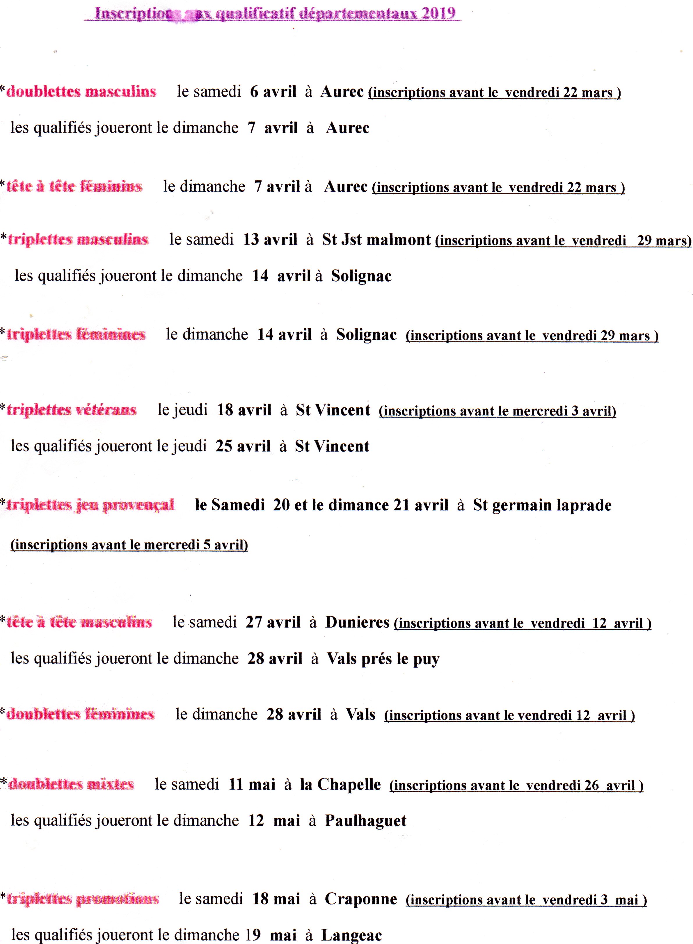 Dates des qualifications départementaux 2019