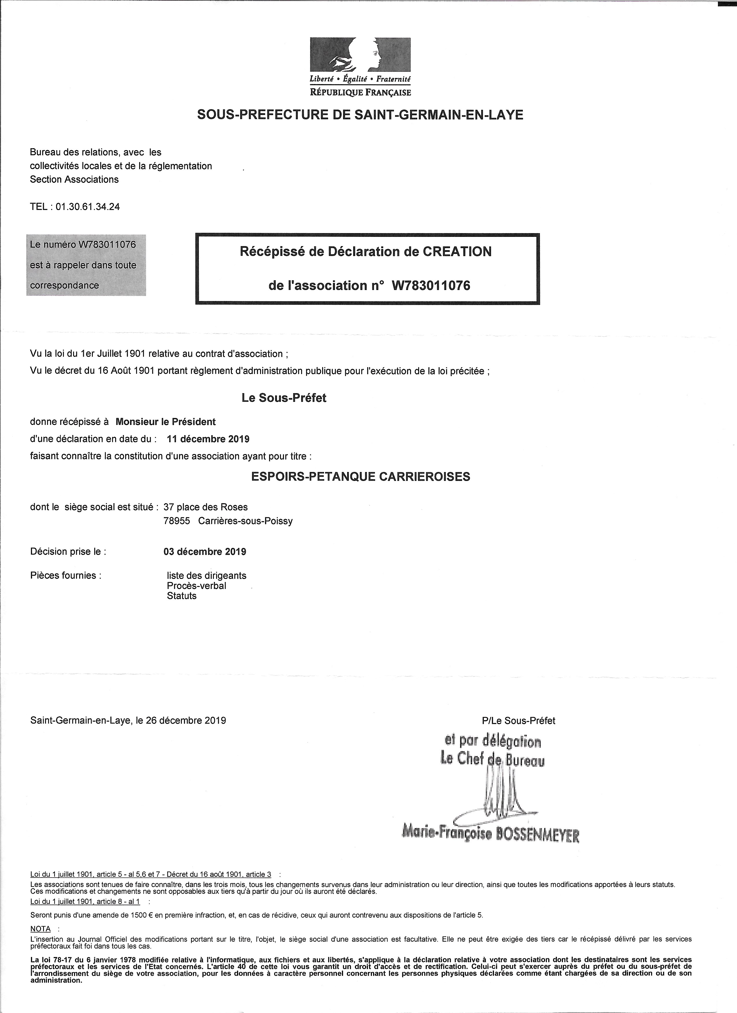 Récépissé de déclaration de création (sous-préfecture)