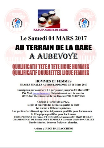 Qualificatifs Ligue Tete à Tete Masculin et Doublette Féminin le 4 mars à Aubevoye
