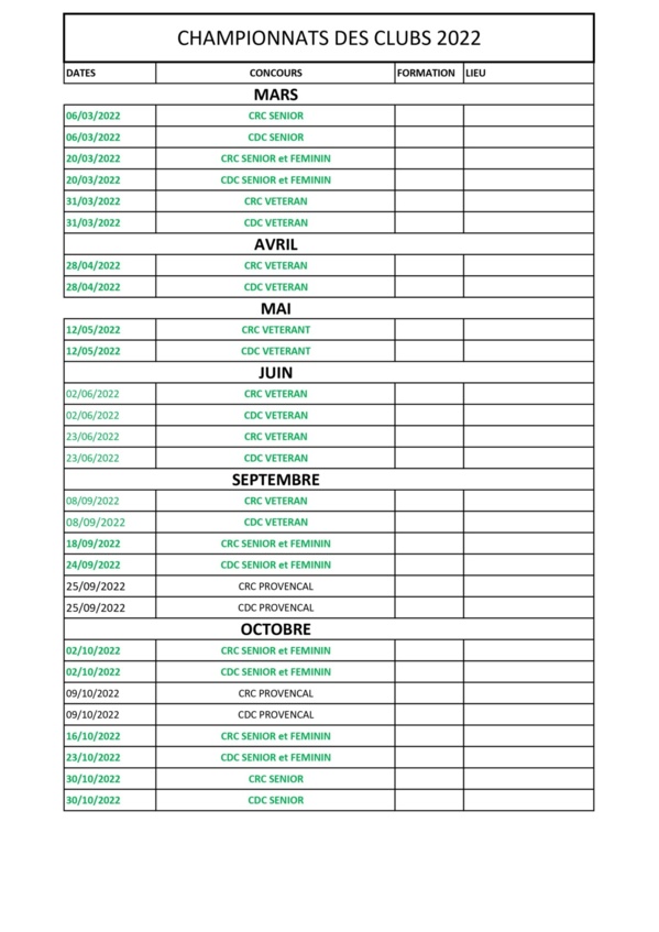 Dates des championnat Des clubs