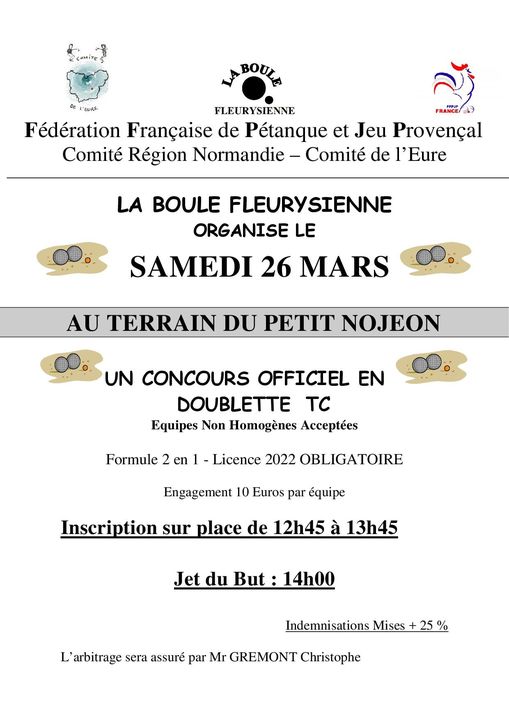 Concours Doublette le 26 mars à Fleury Concours Doublette le 26 mars à Fleury