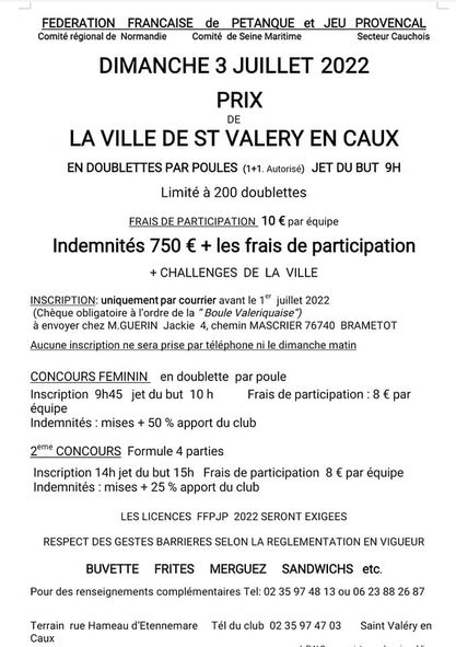 Grand Prix Doublette St Valery en Caux le 3 juillet Grand Prix Doublette St Valery en Caux le 3 juillet