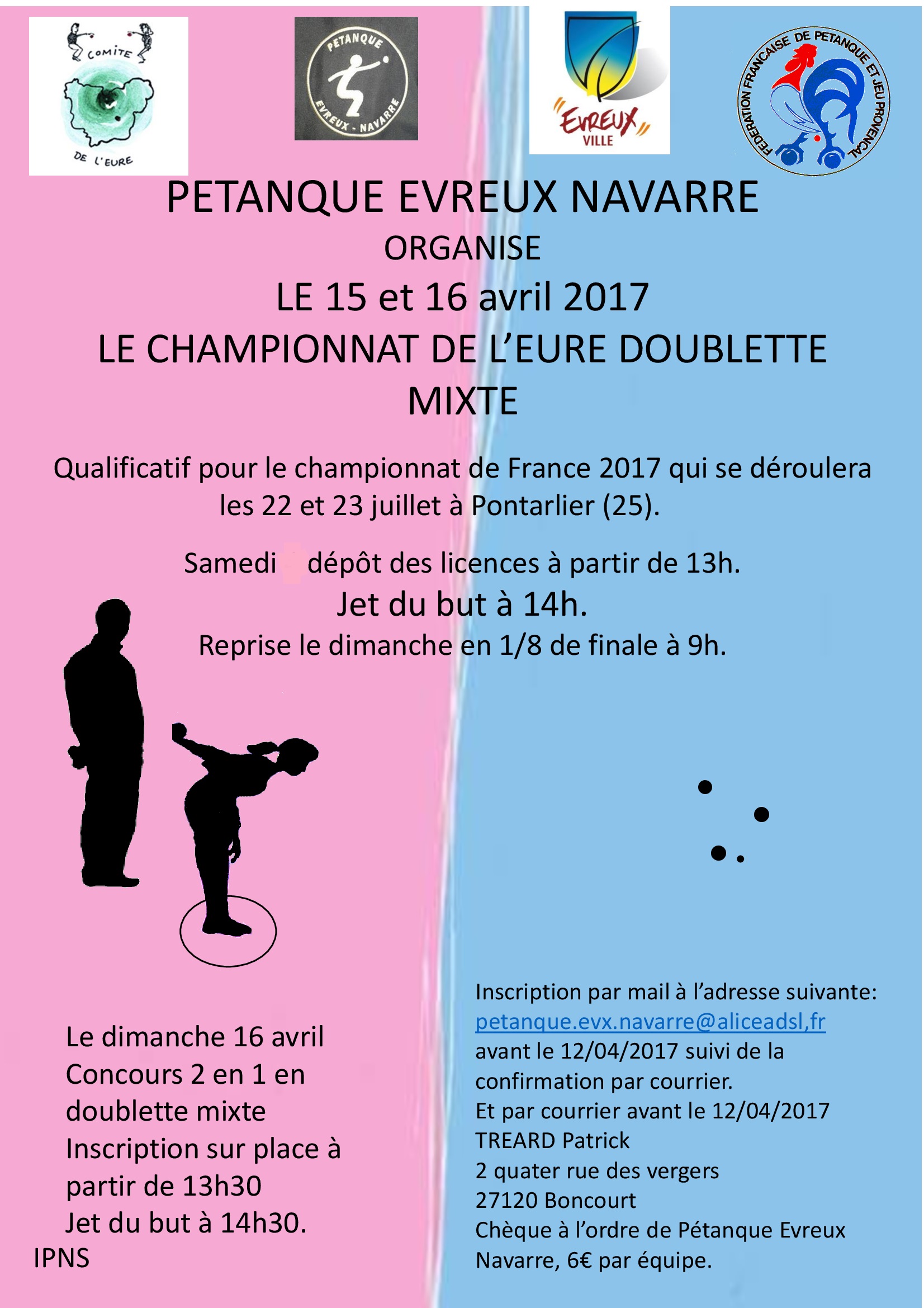 Championnat de L'Eure Doublette Mixte le 15 et 16 Avril à NAVARRE