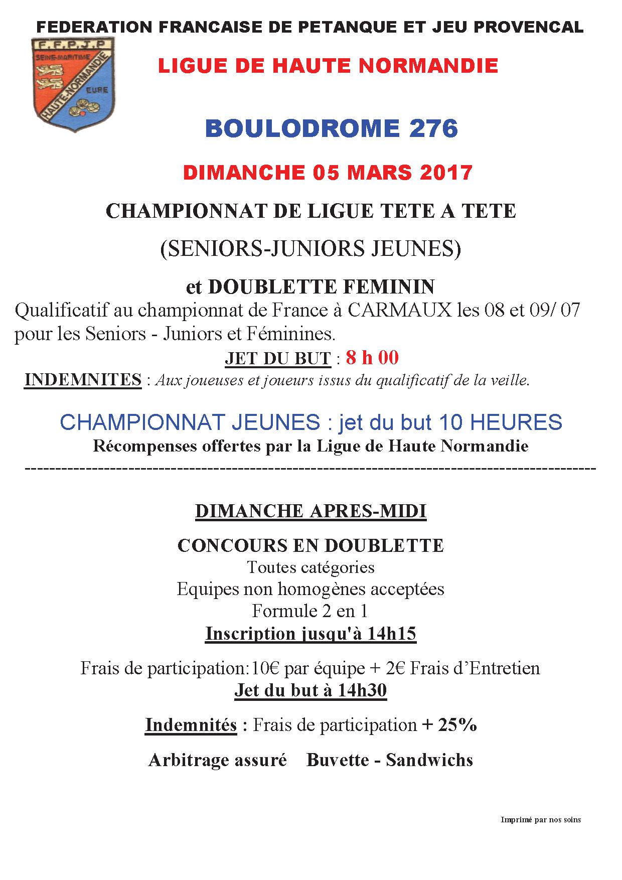 Championnat de Ligue  Dimanche 5 mars