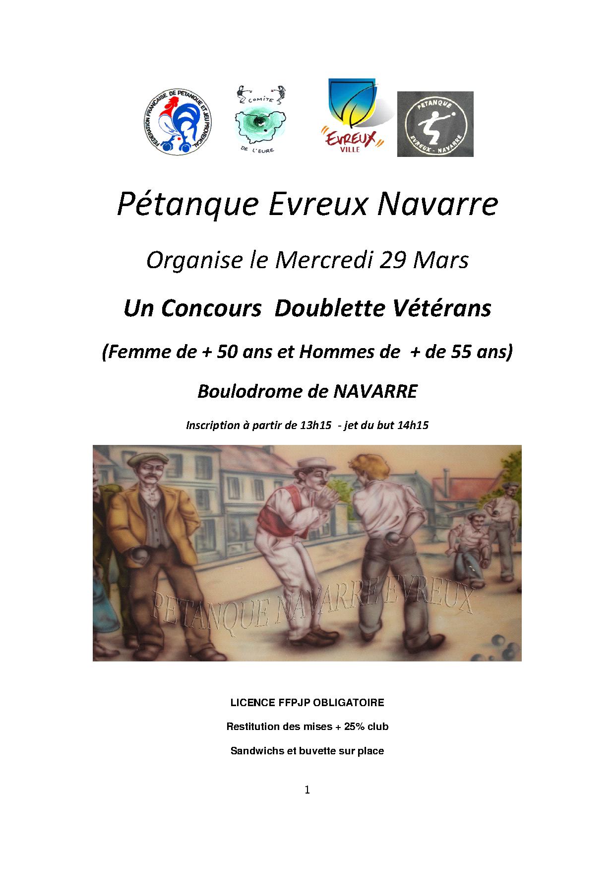 Concours doublettes véterans à Navarre ce MERCREDI 