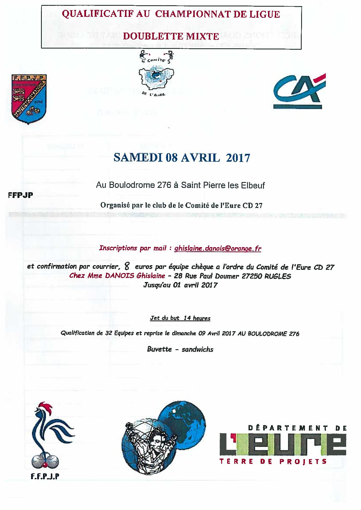 LIGUE DOUBLETTE MIXTE le 8 et 9 Avril LIGUE DOUBLETTE MIXTE le 8 et 9 Avril