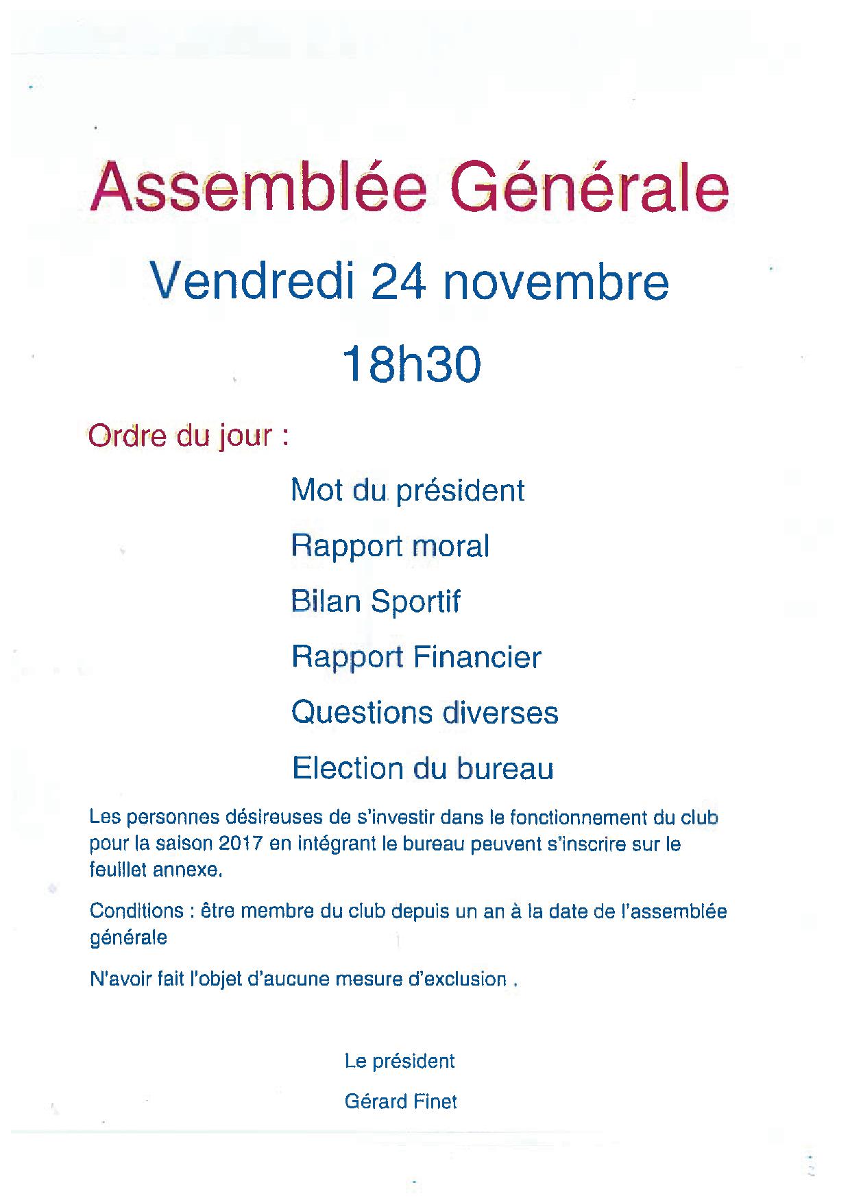 Assemblée Générale du Club - Vendredi 24 Novembre Assemblée Générale du Club - Vendredi 24 Novembre