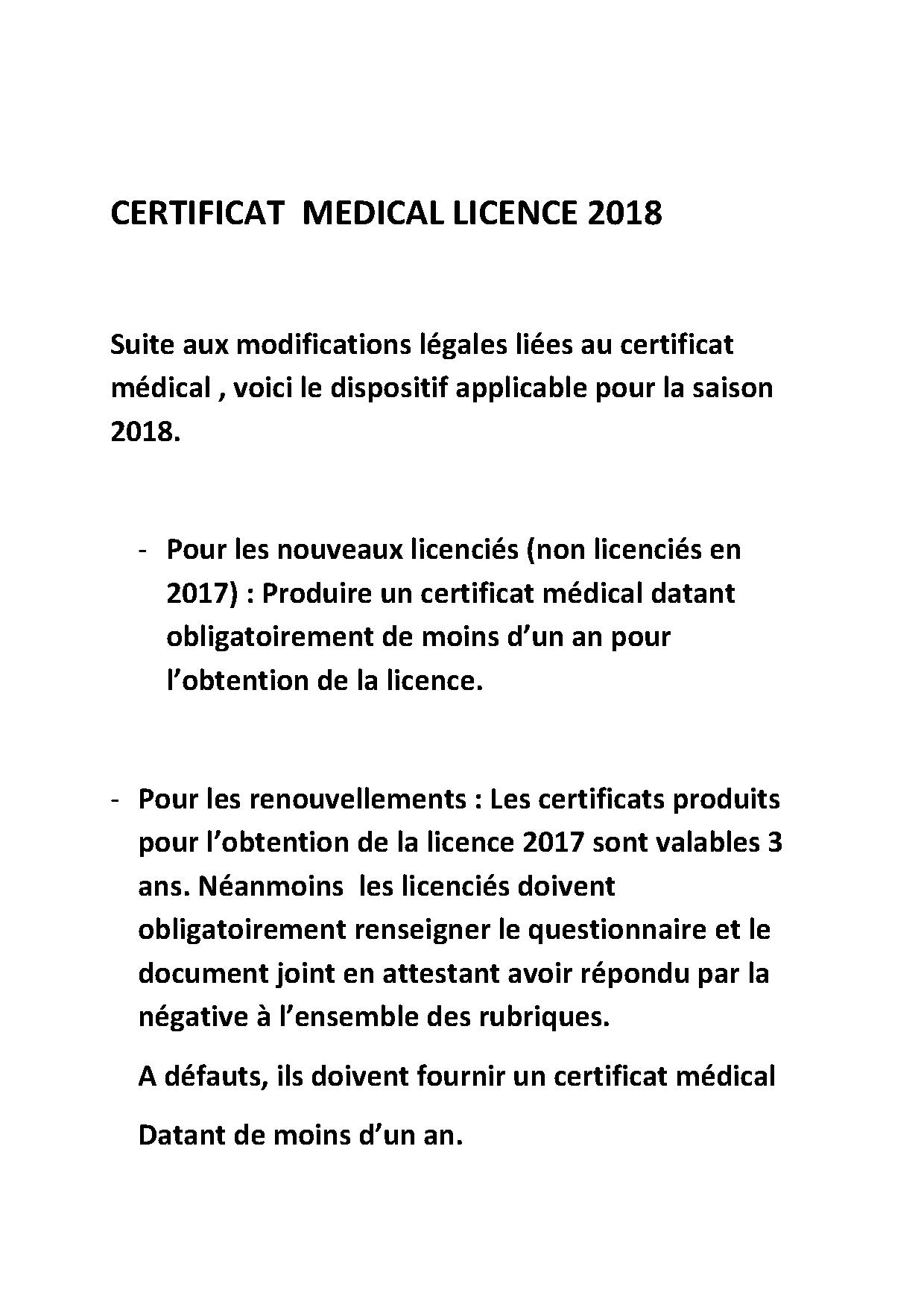 CERTIFICAT MEDICAL POUR 2018