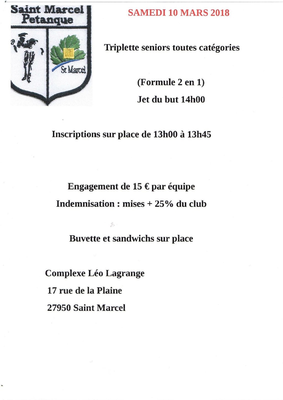 Concours triplette à St Marcel samedi 10 mars