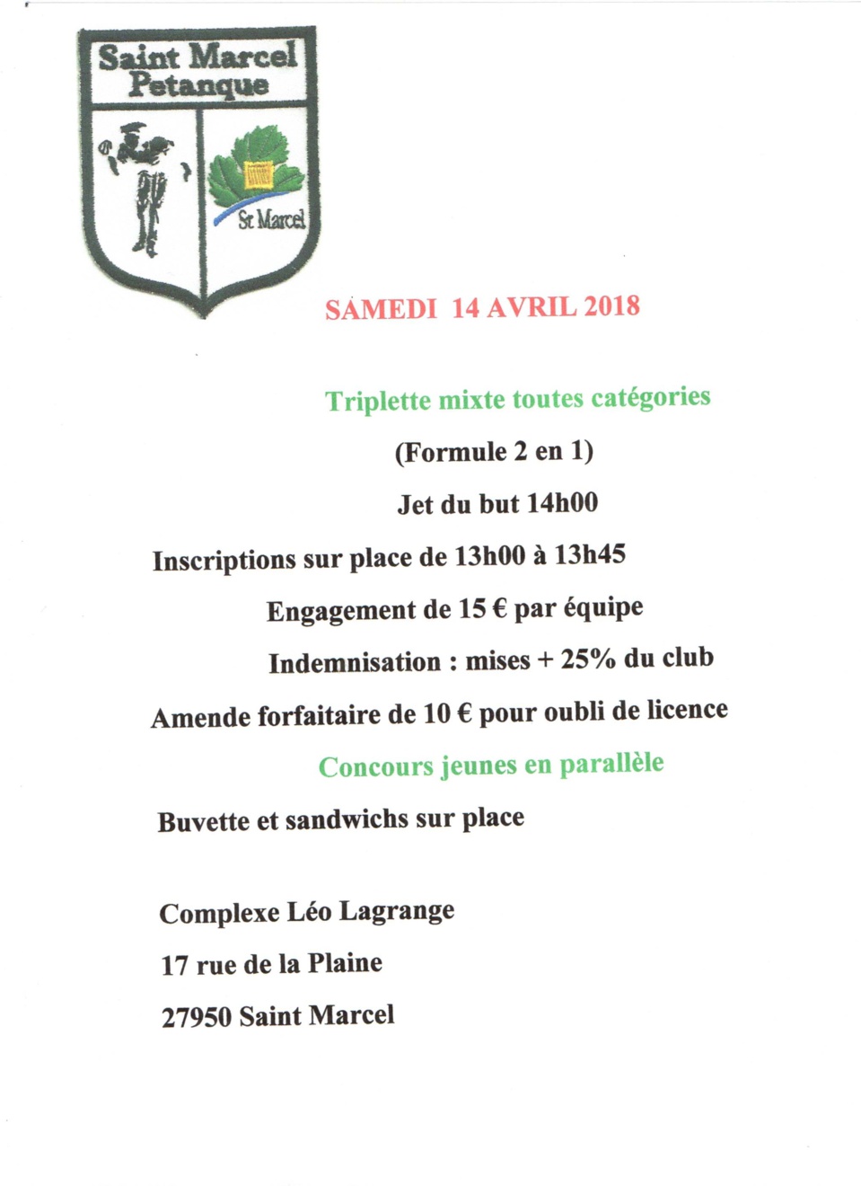 Concours triplette Mixte à St Marcel Concours triplette Mixte à St Marcel