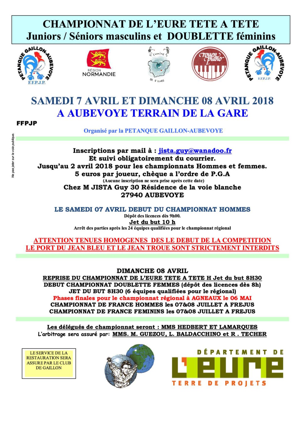 7 et 8  avril  - Championnat de L'Eure x 1 masculin et X 2 Féminin à Aubevoye 7 et 8  avril  - Championnat de L'Eure x 1 masculin et X 2 Féminin à Aubevoye