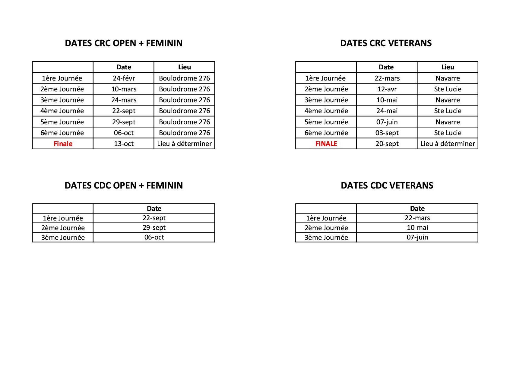 DATE DES DIVERS CHAMPIONNATS DES CLUBS