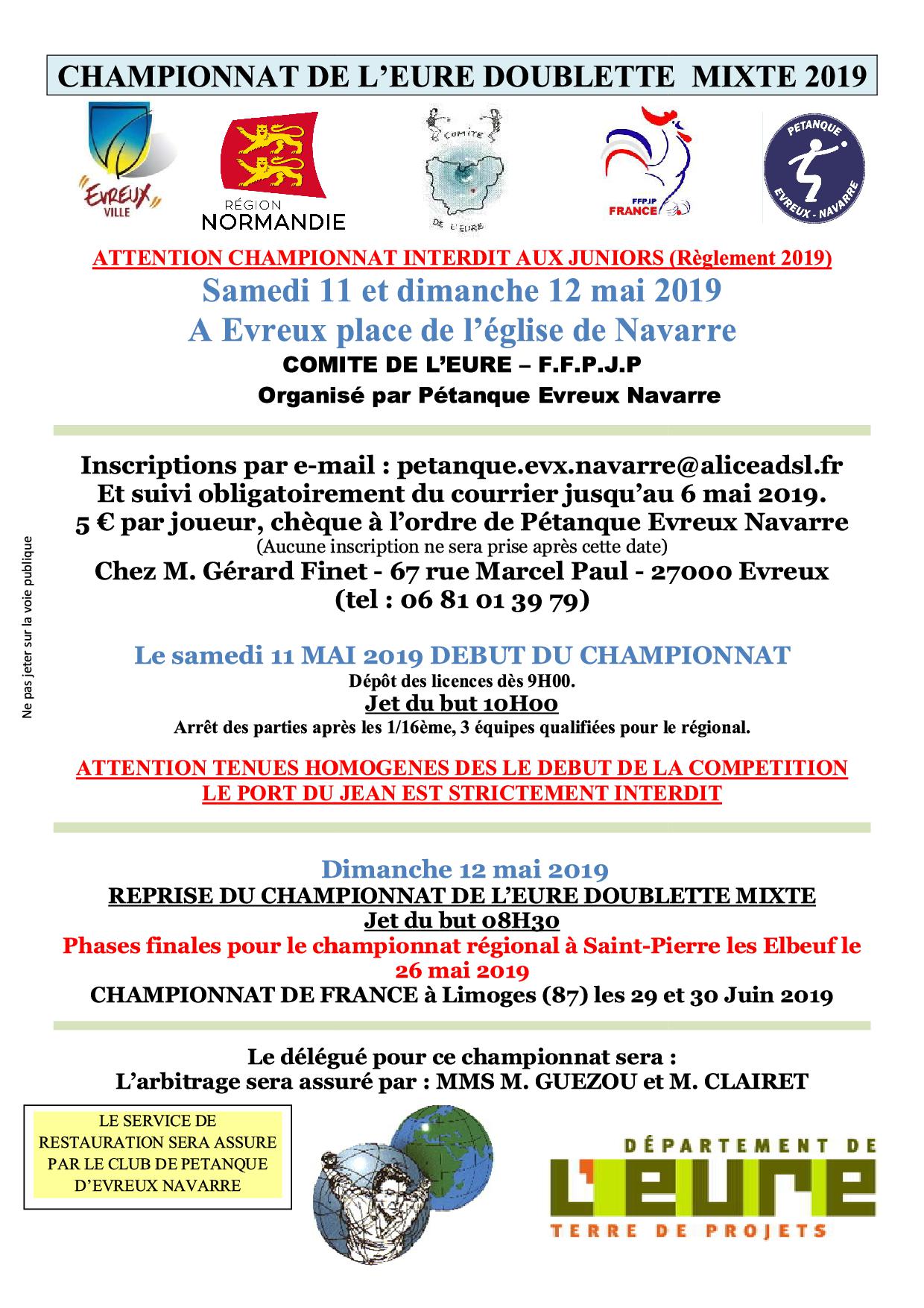 Championnat de l'Eure Doublette MIXTE à NAVARRE le 11 et 12 mai 2019
