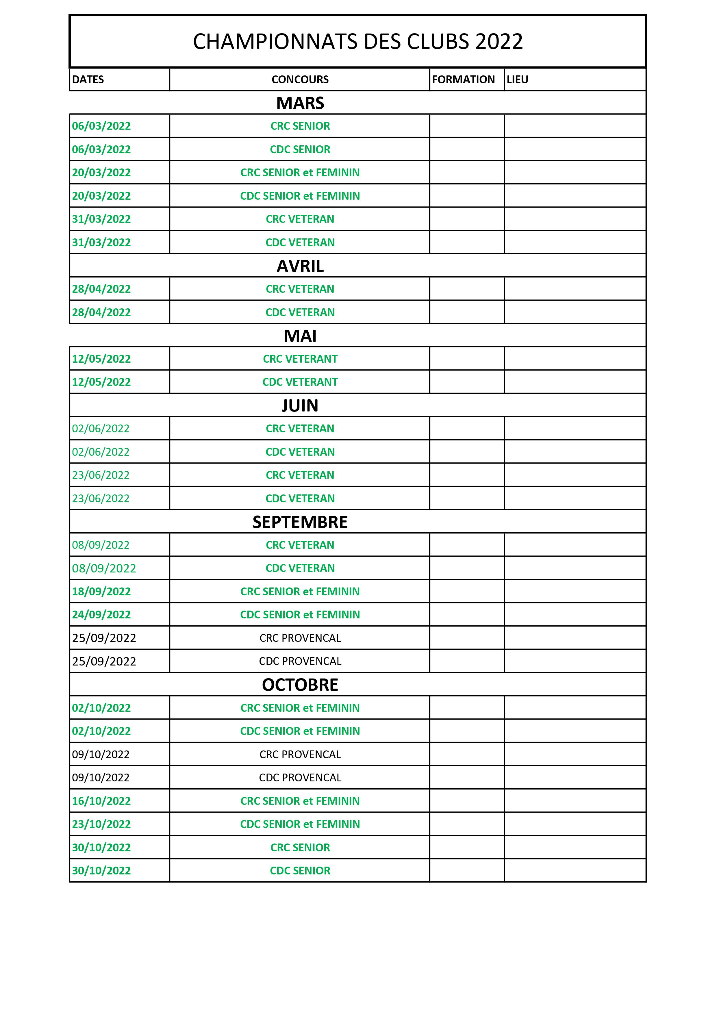 Dates des championnat Des clubs Dates des championnat Des clubs