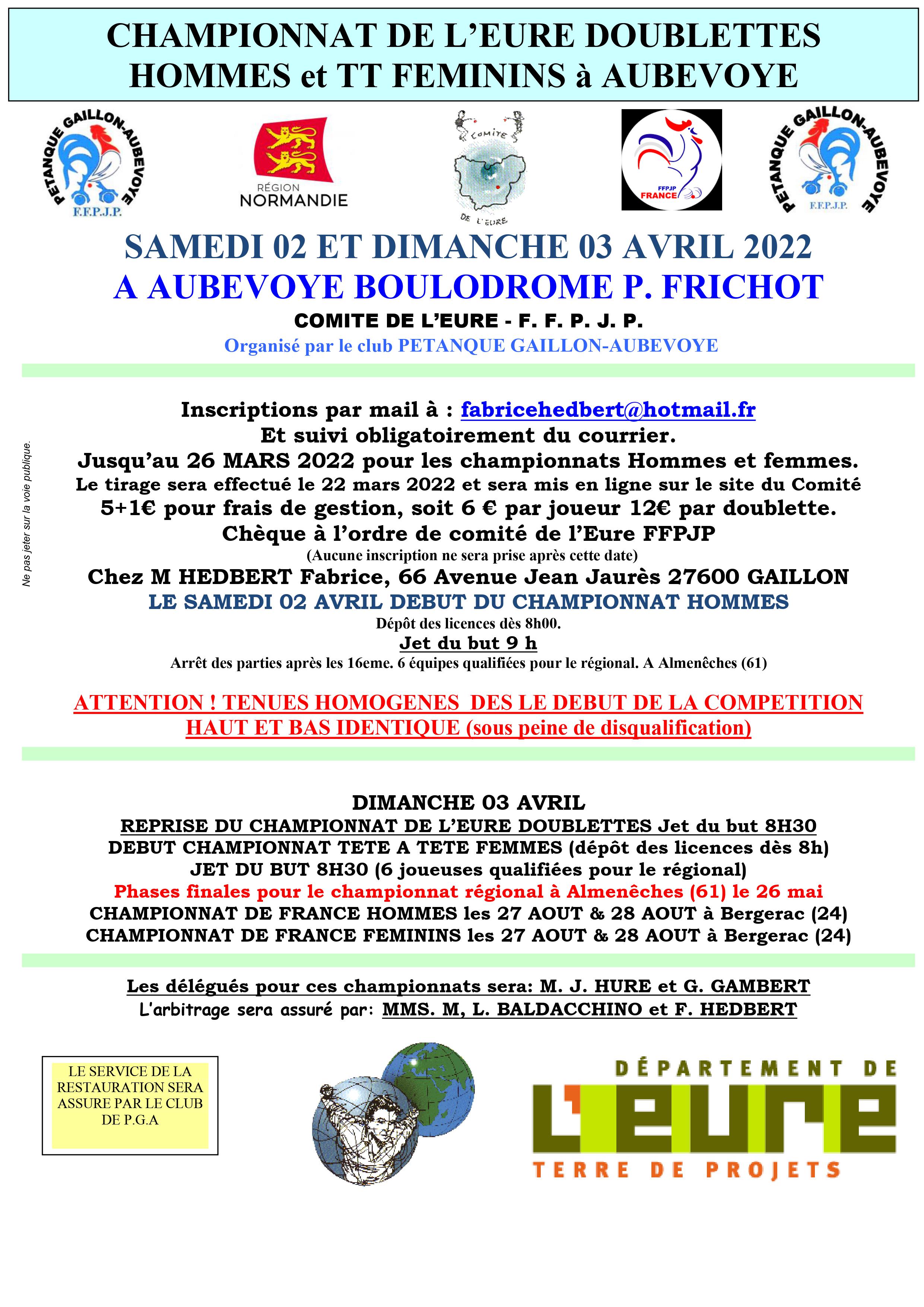 Championnat  de l’Eure x 2 masculin et x 1 feminin
