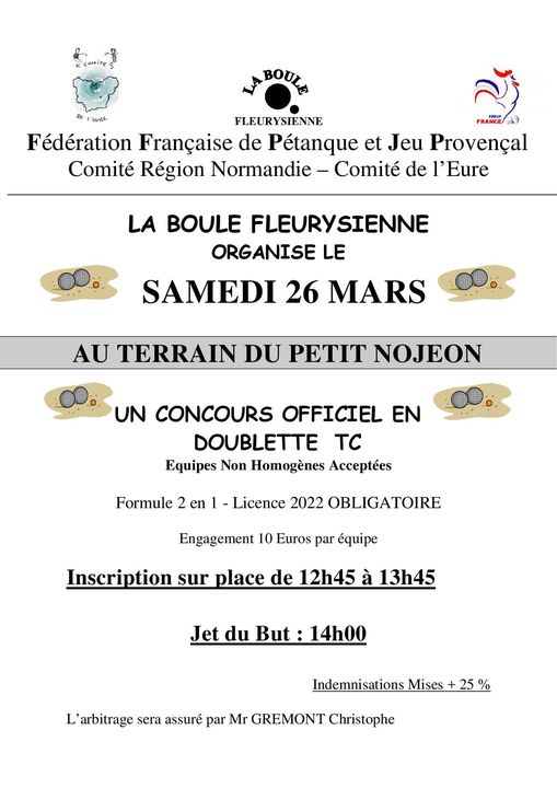 Concours Doublette  le 26 mars à Fleury