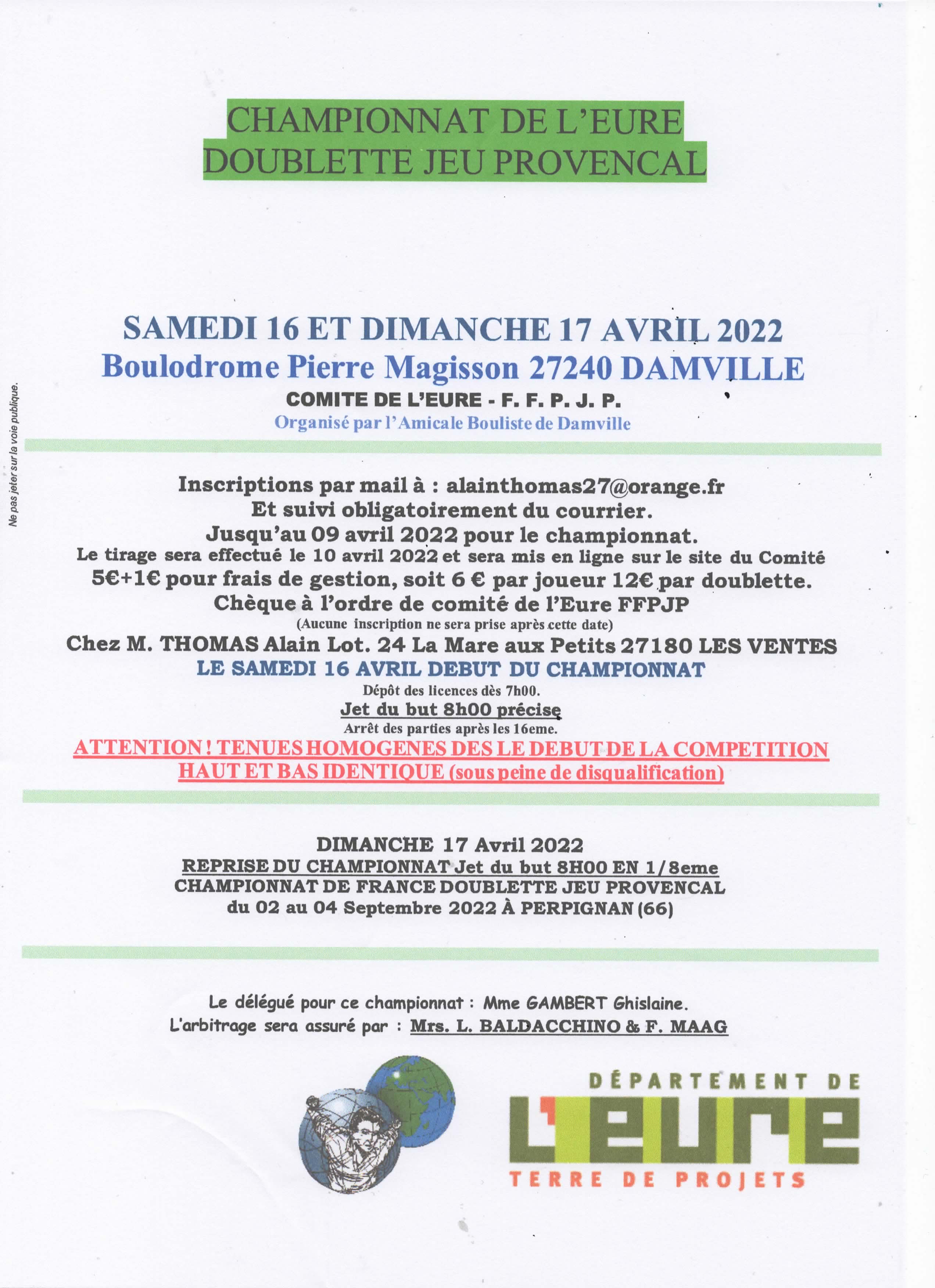 Championnat de l'Eure Doublette de Jeu Provencal Championnat de l'Eure Doublette de Jeu Provencal