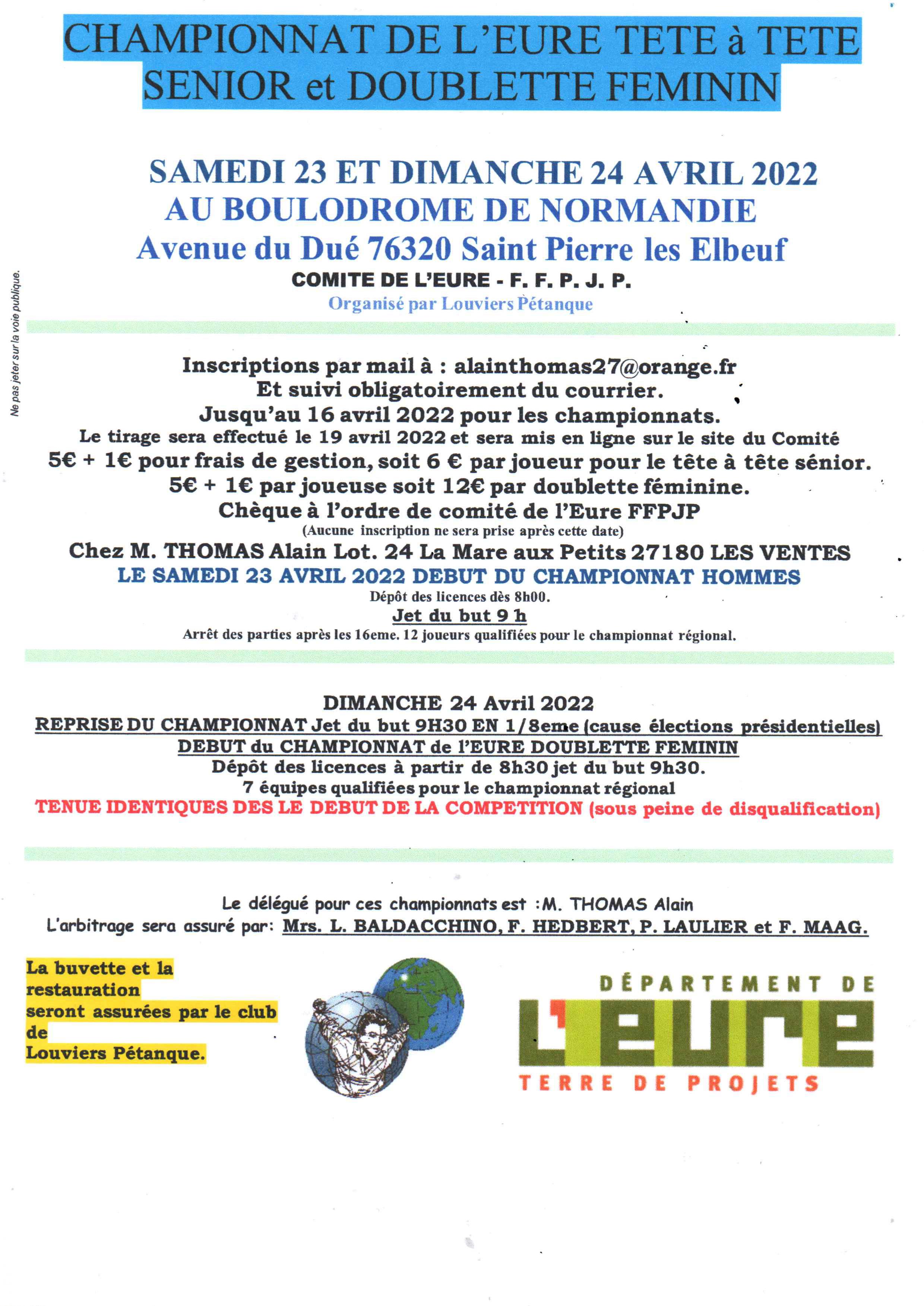 Championnat de l' Eure  Individuel homme et doublette Femme Championnat de l' Eure  Individuel homme et doublette Femme