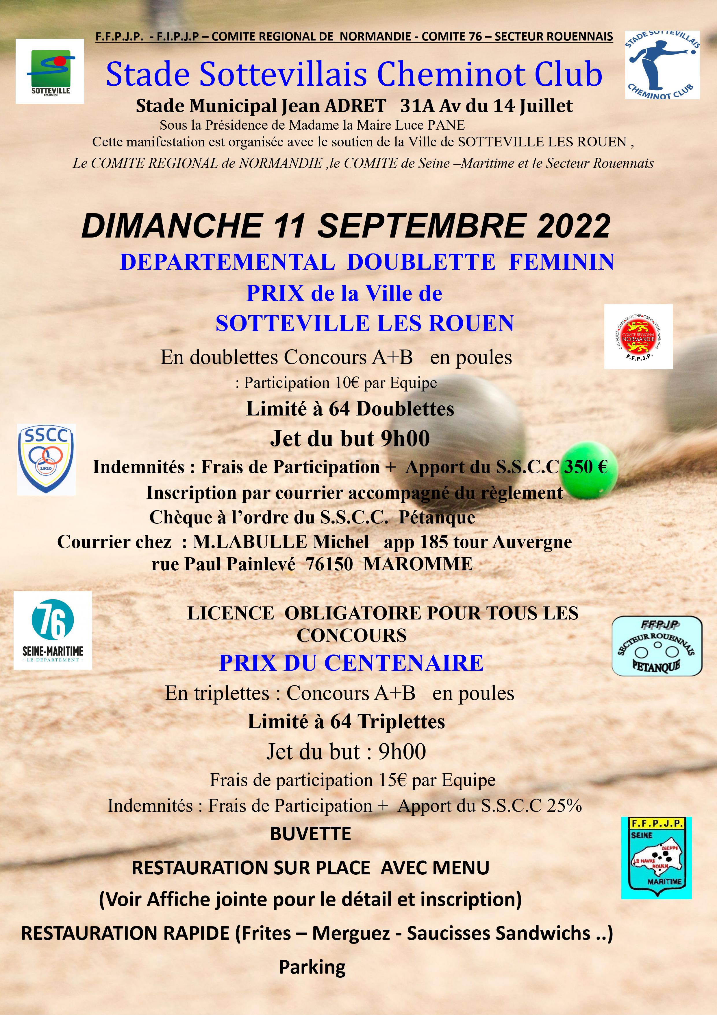 Départemental Féminin x2 Sotteville les Rouen le 11 septembre + x 3 Masculin Départemental Féminin x2 Sotteville les Rouen le 11 septembre + x 3 Masculin