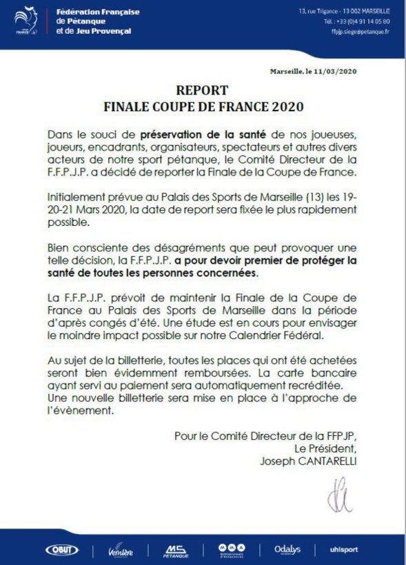 Finale de la coupe de France des clubs reportée. Finale de la coupe de France des clubs reportée.