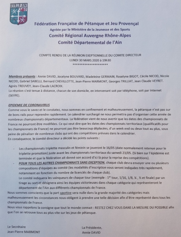 Compte rendu de la réunion exceptionnelle du comité de l'AIN Compte rendu de la réunion exceptionnelle du comité de l'AIN