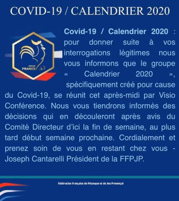 La FFPJP communiquera fin de semaine ou début de semaine prochaine. La FFPJP communiquera fin de semaine ou début de semaine prochaine.