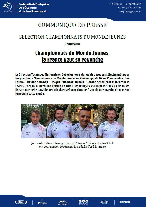Championnat du monde triplette jeunes et féminines. Championnat du monde triplette jeunes et féminines.