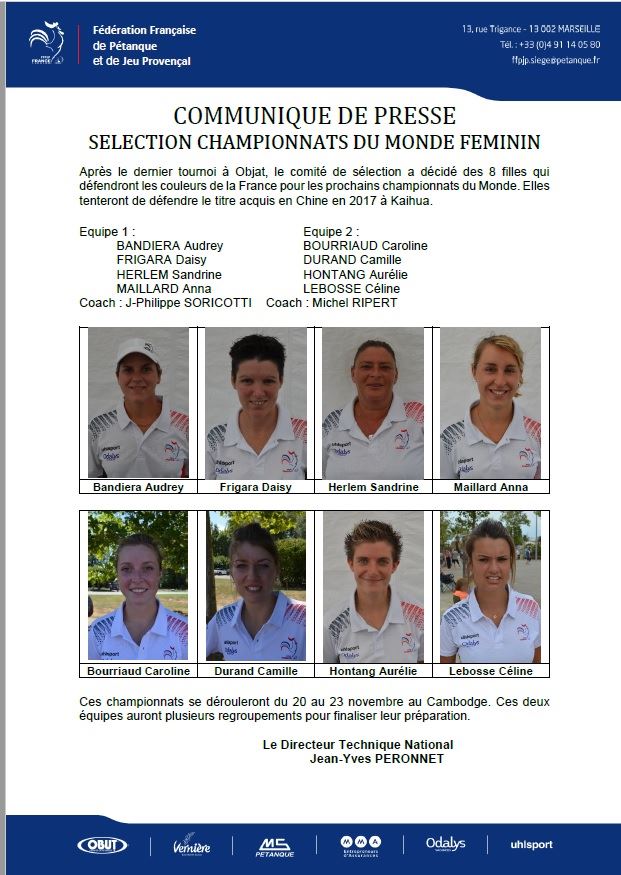 Championnat du monde triplette jeunes et féminines.