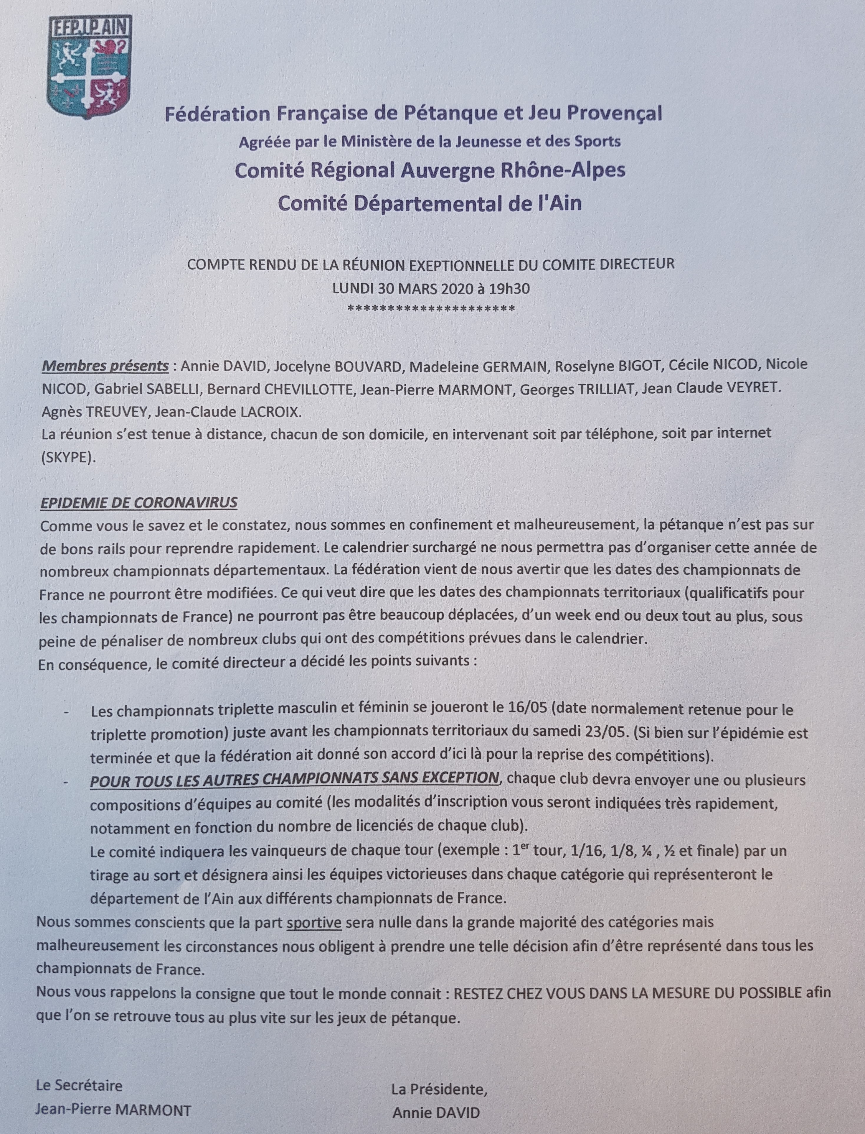 Compte rendu de la réunion exceptionnelle du comité de l'AIN Compte rendu de la réunion exceptionnelle du comité de l'AIN