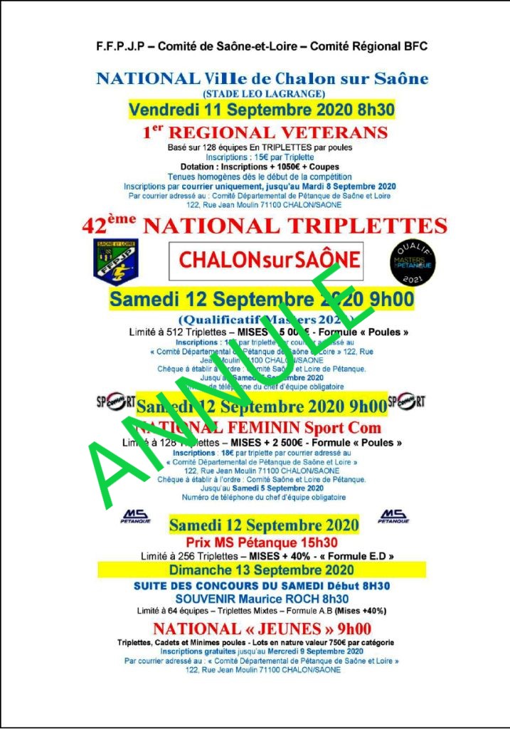 Annulation du National de CHALON SUR SAONE. Annulation du National de CHALON SUR SAONE.