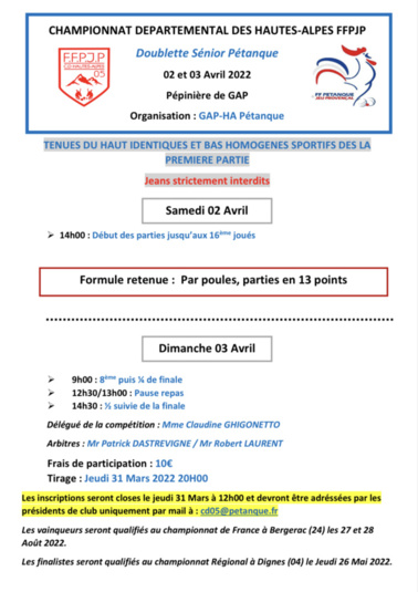 CHAMPIONNATS DEPARTEMENTAL PETANQUE DOUBLETTE SENIORS ET TÊTE A TÊTE FEMININ QUALIFICATIFS POUR LES FRANCE 2022