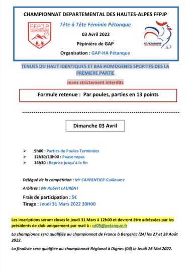 CHAMPIONNATS DEPARTEMENTAL PETANQUE DOUBLETTE SENIORS ET TÊTE A TÊTE FEMININ QUALIFICATIFS POUR LES FRANCE 2022 CHAMPIONNATS DEPARTEMENTAL PETANQUE DOUBLETTE SENIORS ET TÊTE A TÊTE FEMININ QUALIFICATIFS POUR LES FRANCE 2022