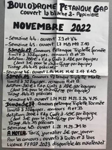 BOULODROME PETANQUE GAP : PROGRAMME NOVEMBRE 2022 - TARIFS - INFOS - BOULODROME PETANQUE GAP : PROGRAMME NOVEMBRE 2022 - TARIFS - INFOS -