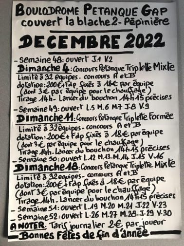 TRIPLETTE MIXTE PETANQUE SAMEDI 03 DECEMBRE 2022 à GAP- CHANGEMENT DE DATE-