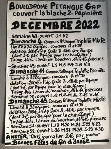 TRIPLETTE FORMEE PETANQUE : DIMANCHE 11 DECEMBRE 2022