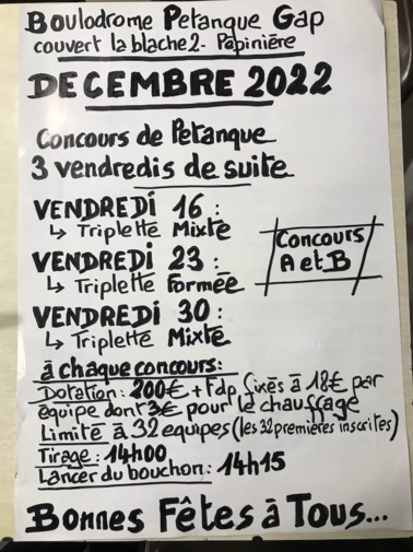 CONCOURS PETANQUE TRIPLETTE MIXTE VENDREDI 16 DECEMBRE 2022