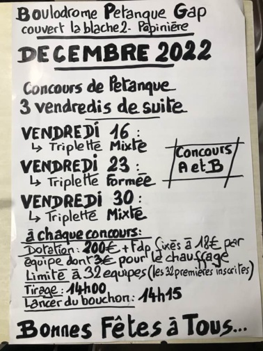 CONCOURS PETANQUE TRIPLETTE MIXTE VENDREDI 16 DECEMBRE 2022 CONCOURS PETANQUE TRIPLETTE MIXTE VENDREDI 16 DECEMBRE 2022