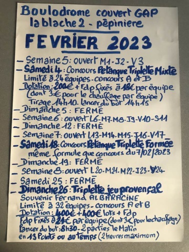 CONCOURS PETANQUE TRIPLETTE MIXTE du SAMEDI 4 FEVRIER 2023 CONCOURS PETANQUE TRIPLETTE MIXTE du SAMEDI 4 FEVRIER 2023