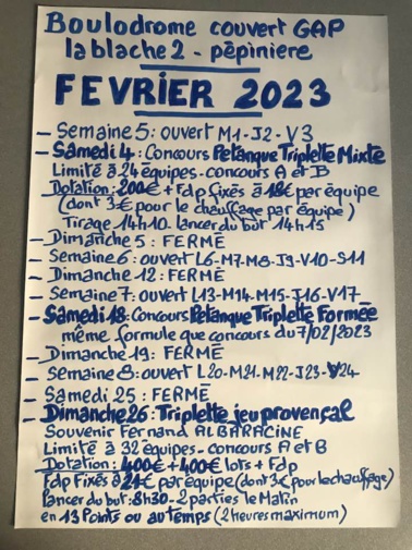 CONCOURS PETANQUE TRIPLETTE FORMEE DU SAMEDI 18 FEVRIER 2023