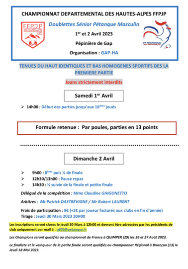 QUALIFICATIF DEPARTEMENTAL PETANQUE DOUBLETTE HOMME les 02 et 03 AVRIL 2023