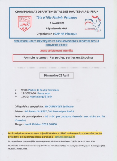 QUALIFICATIF DEPARTEMENTAL PETANQUE FEMININ TÊTE à TÊTE le DIMANCHE 02 AVRIL 2023 .. QUALIFICATIF DEPARTEMENTAL PETANQUE FEMININ TÊTE à TÊTE le DIMANCHE 02 AVRIL 2023 ..