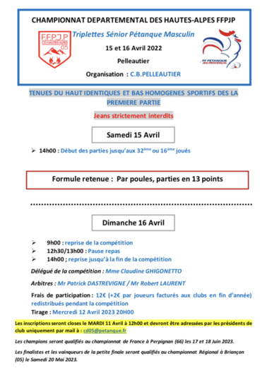 CHAMPIONNAT DEPARTEMENTAL PETANQUE TRIPLETTE MASCULIN les SAMEDI 15 et DIMANCHE 16 AVRIL à PELLEAUTIER