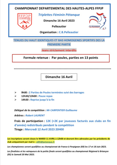 CHAMPIONNAT DEPARTEMENTAL PETANQUE TRIPLETTE FEMININ le DIMANCHE 15 AVRIL 2023 à PELLEAUTIER